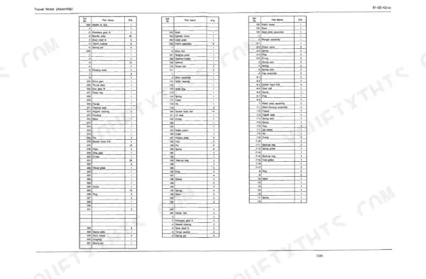 Link-Belt LS-4300 travel motor assembly parts list including piston motor, cylinder block, and gear components.