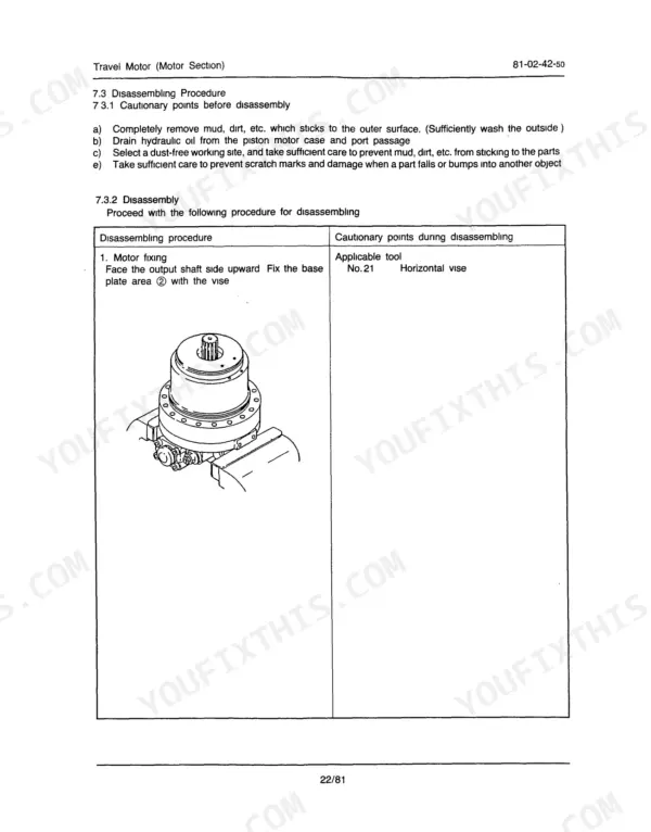 Link-Belt LS-4300 travel motor disassembly procedure showing motor fixing steps and horizontal vise usage diagram.