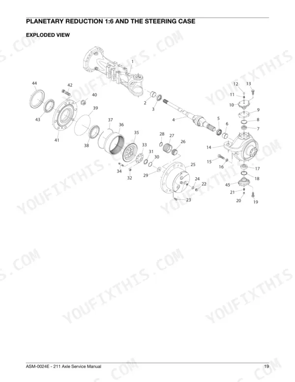 manitou-211-axle-assembly-repair-manual-647041en-exploded-view-19.webp Manitou Type 211 exploded view of planetary reduction 1:6 and steering case assembly with numbered components.