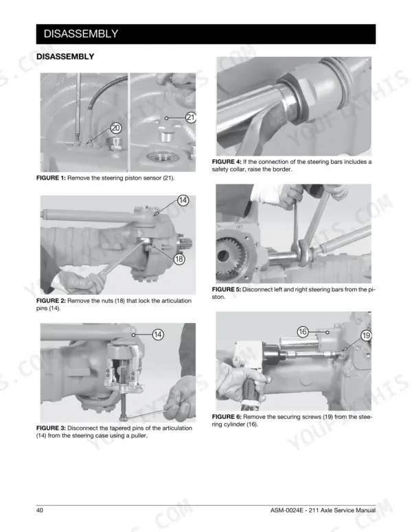 Manitou Type 211 disassembly procedures for steering piston sensor, articulation pins, and steering cylinder components.