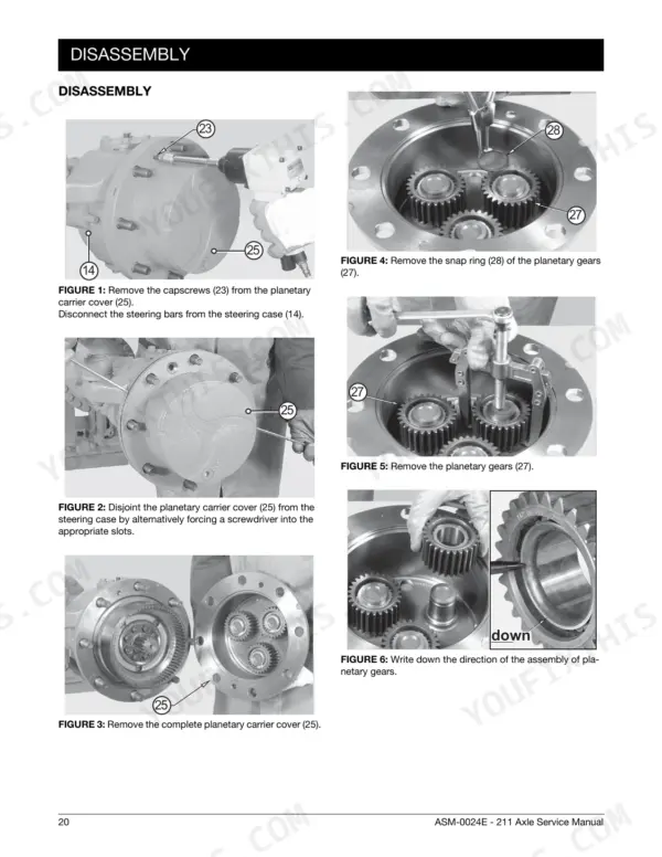 Manitou Type 211: Disassembly procedure for planetary carrier cover, snap ring, and planetary gears in axle.