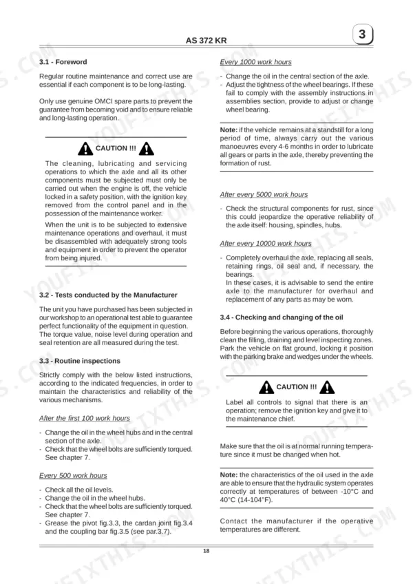 Manitou ASK 372, AS 372 KR maintenance manual page detailing axle oil change intervals, routine inspections, and safety precautions.