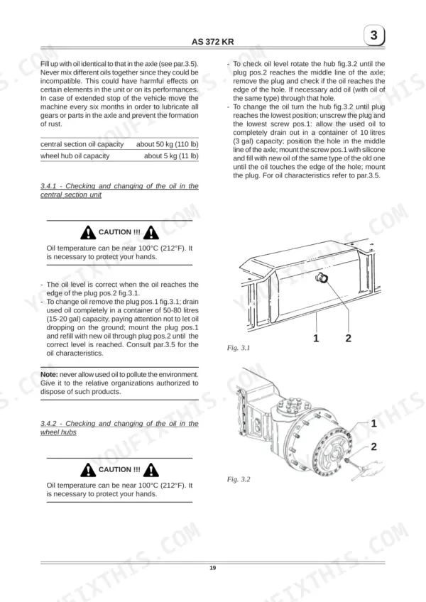 Manitou ASK 372, AS 372 KR maintenance manual: procedures for checking and changing oil in central section and wheel hubs.
