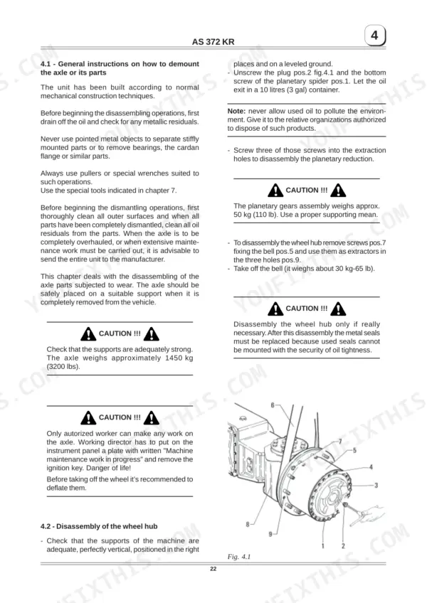 Manitou ASK 372, AS 372 KR axle and wheel hub disassembly procedures with Fig 4.1 planetary reduction diagram.