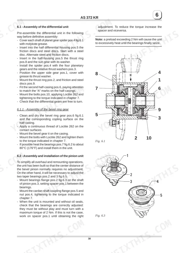 Manitou ASK 372, AS 372 KR differential and pinion unit assembly procedures with exploded view diagrams.