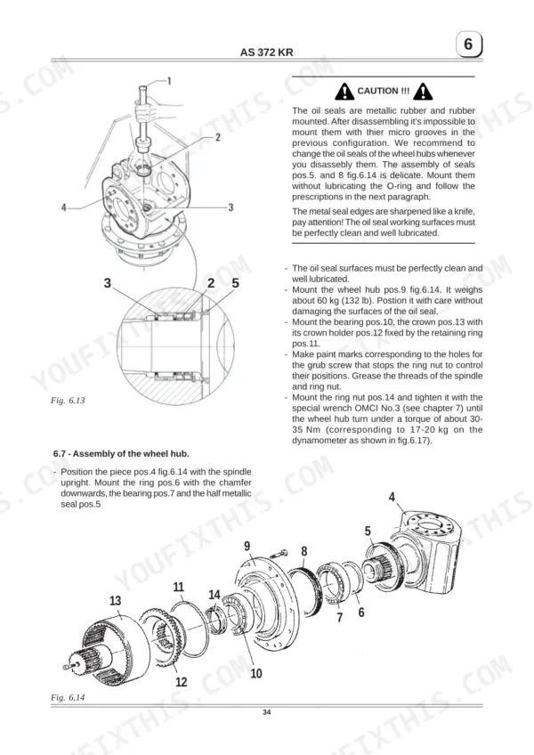 Manitou ASK 372, AS 372 KR wheel hub assembly procedure, exploded view of hub components, seals, and bearing installation steps.