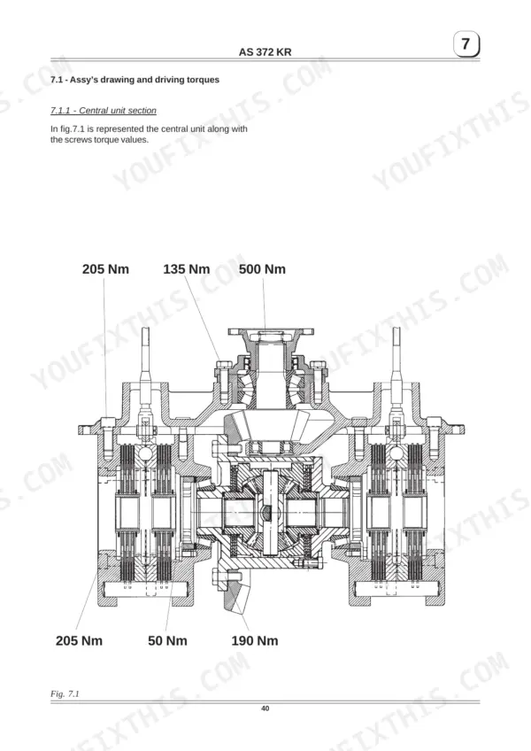 manitou-ask-372-planetary-drive-steer-axle-repair-manual-647372en-torque-42.webp Manitou ASK 372, AS 372 KR central unit assembly diagram showing specific screw torque values in Nm for maintenance.