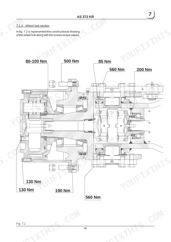 Manitou ASK 372, AS 372 KR wheel hub section diagram showing specific screw torque values in Nm for assembly components.