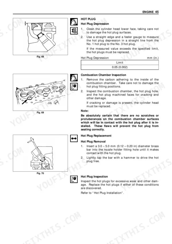 Manitou CD 15 P-35 P, CG 15 P-35 P engine manual: hot plug depression, combustion chamber inspection, and removal procedures.