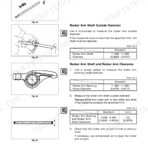 Manitou CD 15 P-35 P, CG 15 P-35 P engine manual: rocker arm shaft inspection, diameter measurements, and clearance specifications.