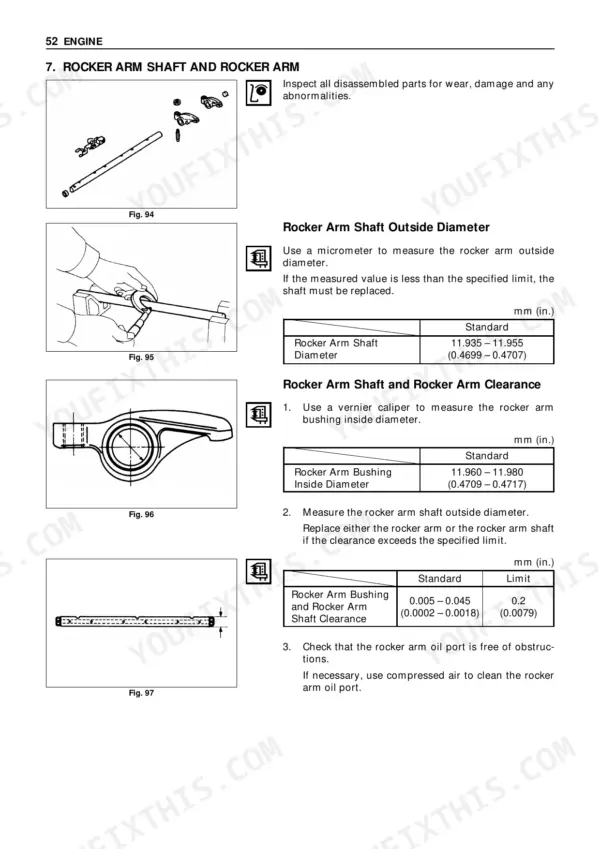 manitou-cd-15-p-variants-lift-truck-repair-manual-547954-en-wiring-126.webp Manitou CD 15 P-35 P, CG 15 P-35 P engine manual: rocker arm shaft inspection, diameter measurements, and clearance specifications.