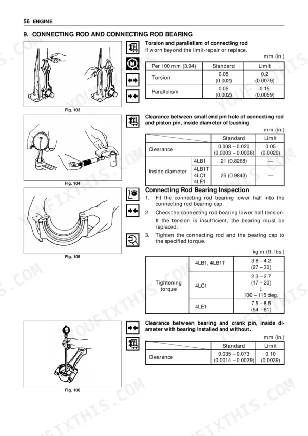 Manitou CD 15 P-35 P, CG 15 P-35 P engine manual: connecting rod inspection, bearing clearances, and torque specifications.