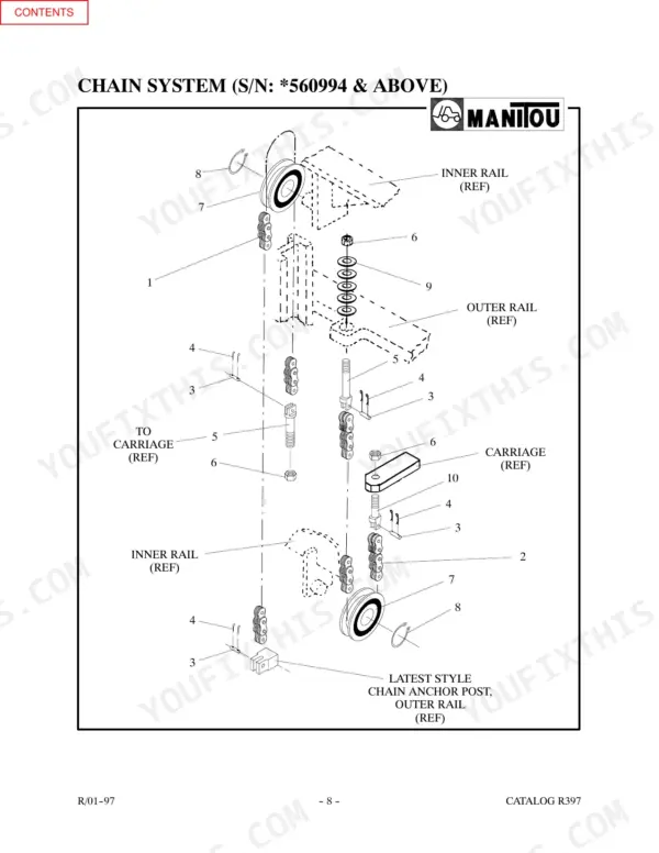 Manitou K5601, K5602, K5603 exploded view diagram of the chain system for serial numbers 560994 and above.