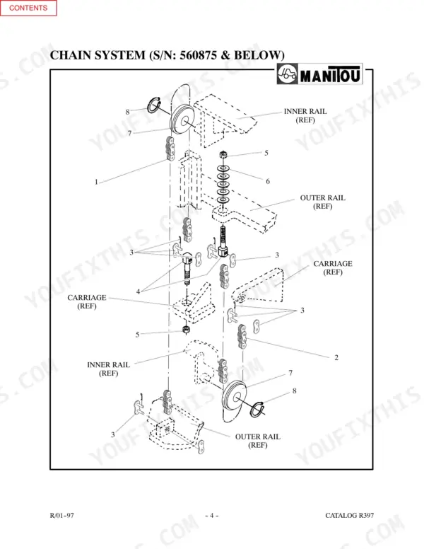 Manitou K5601, K5602, K5603 exploded view of chain system for serial numbers 560875 and below showing rail and carriage components.