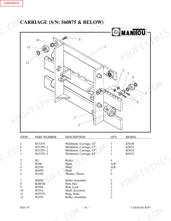 Manitou K5601, K5602, K5603 exploded view diagram and parts list for carriage assembly S/N 560875 and below.