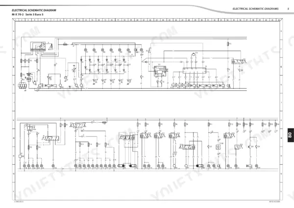 Manitou M-X 30-2/4, M-X 50-2/4, M-X 70-2 electrical schematic diagram showing fuses, relays, switches, and lighting circuits.