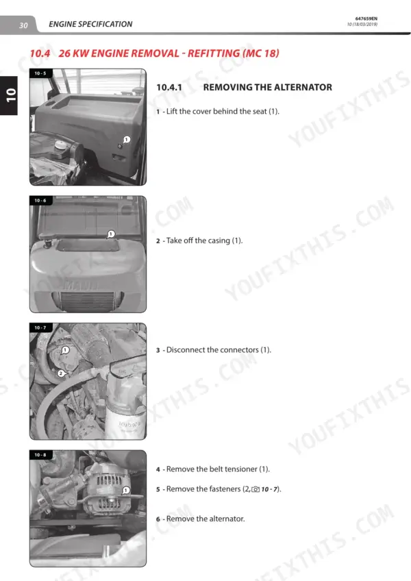 Manitou MC 18-2 to MSI 35 service manual: step-by-step procedure for removing the engine alternator with component photos.