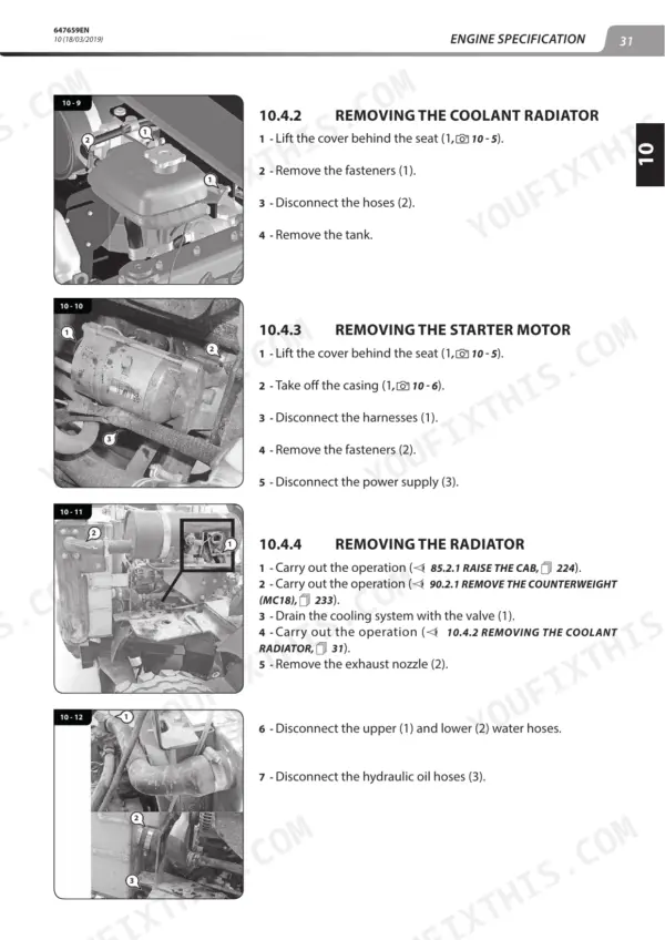 Manitou MC 18-2 to MSI 35 service manual: procedures for removing coolant radiator, starter motor, and engine radiator components.