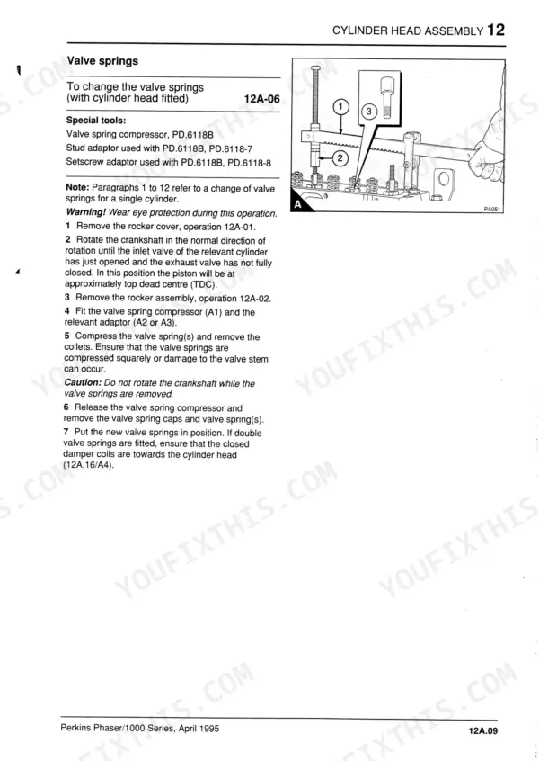 Manitou MC 30, M26-2, M26-4, M30-2, M30-4, M40-4, M50-4 valve spring replacement procedure and compressor tool diagram.