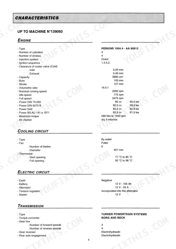 Manitou MC 30, M26-2, M26-4, M30-2, M30-4, M40-4, M50-4 engine, cooling, electric, and transmission technical specifications table.