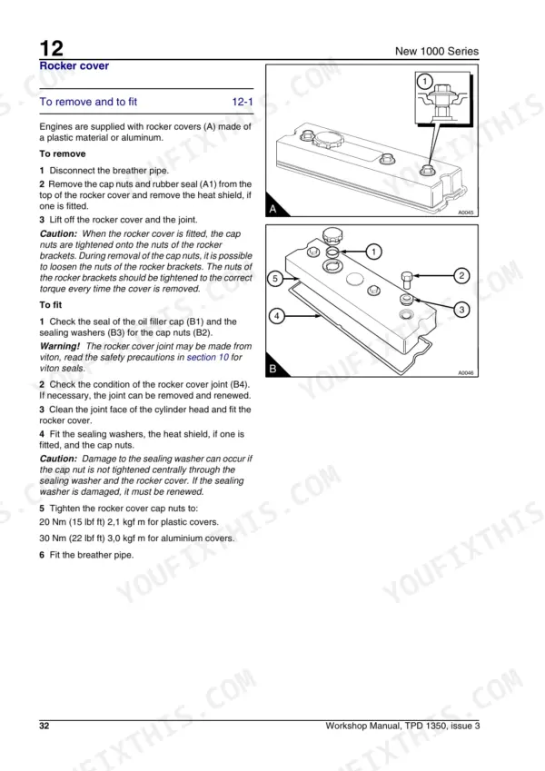 Manitou MLT 526 rocker cover removal and installation procedure with diagrams.