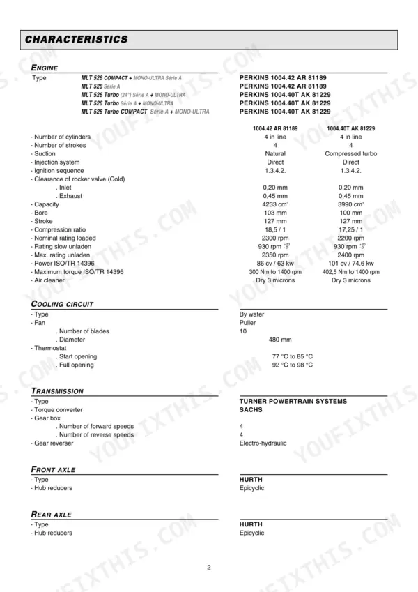 Manitou MLT 526 engine, cooling, transmission, and axle technical specifications table.