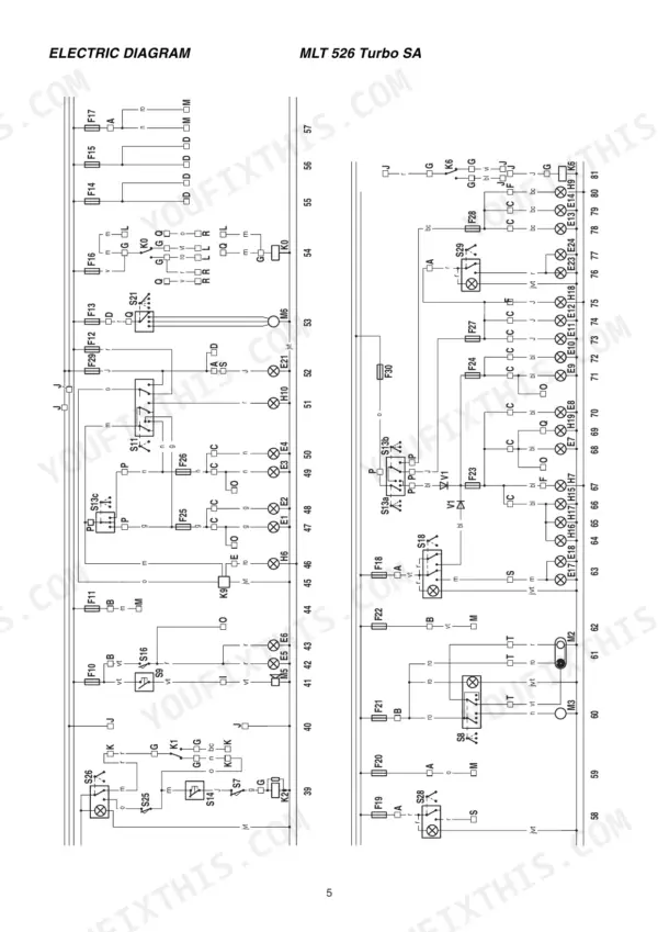 Manitou MLT 526 electric wiring diagram showing fuses, switches, and lighting circuits.