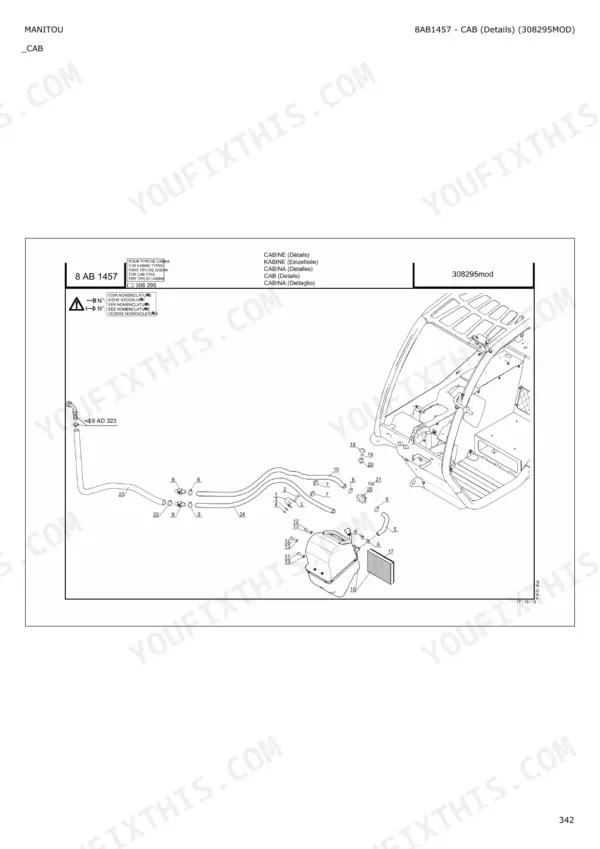 Manitou MLT 625-75 H, MT 625 Turbo exploded view of cab HVAC hoses and filter components.