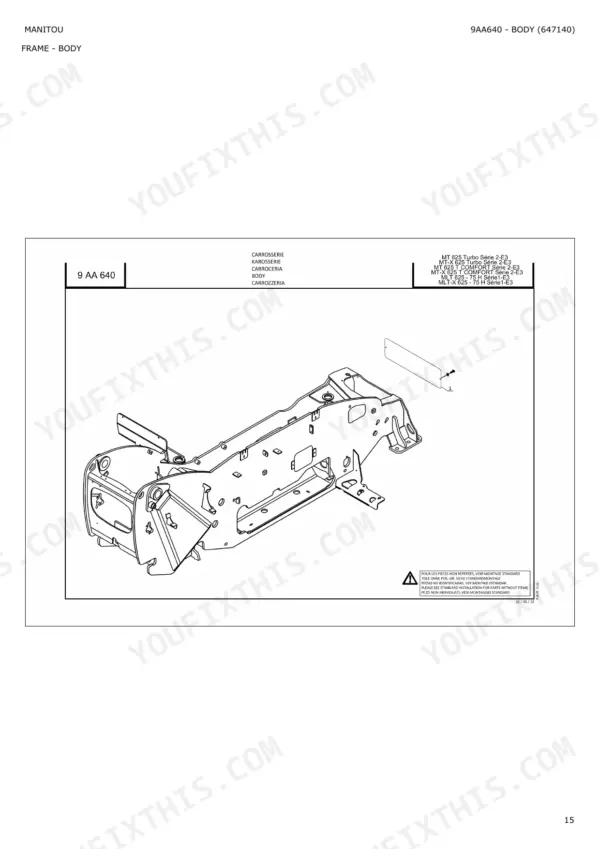 Manitou MLT 625-75 H, MT 625 Turbo exploded view of chassis frame body.