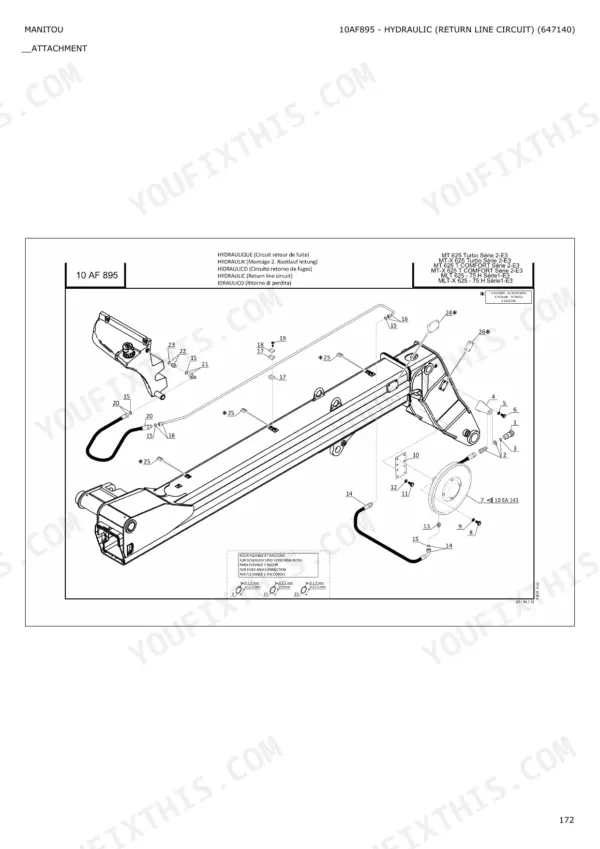 Manitou MLT 625-75 H, MT 625 Turbo hydraulic return line circuit exploded view diagram.