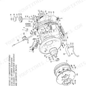 Manitou MLT 523–MLT 725 exploded view diagram of the gear box and torque converter assembly with numbered components.
