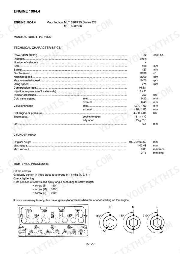 Manitou MLT 523–MLT 725 Perkins 1004.4 engine technical specifications, cylinder head height, and tightening torque procedure.