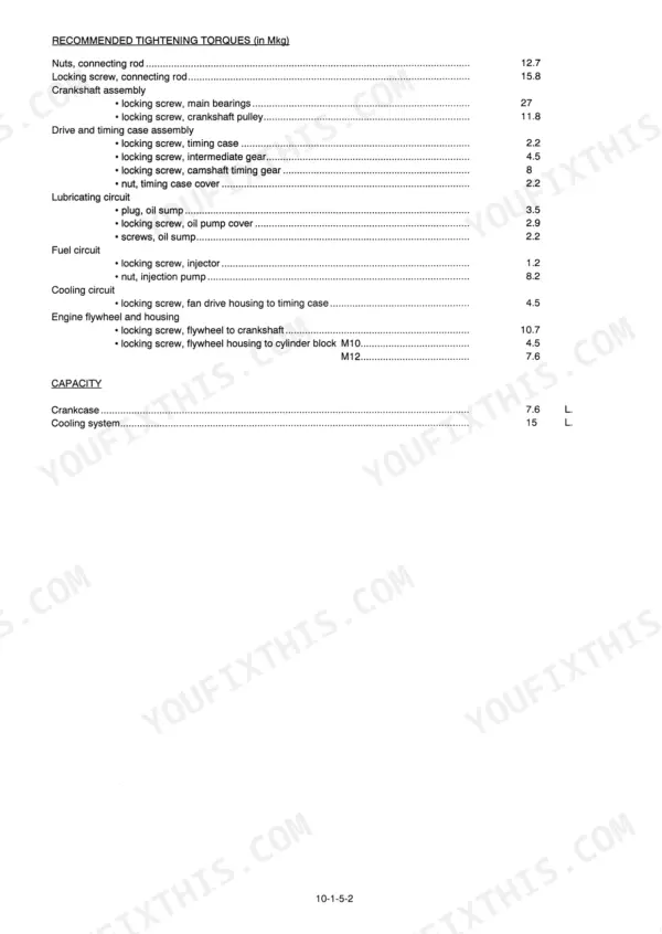 Manitou MLT 523–MLT 725 engine tightening torque specifications and fluid capacities table for various engine components.