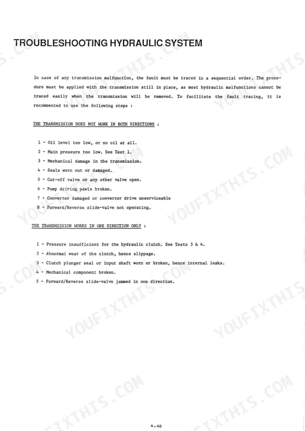 Manitou MLT 523–MLT 725 troubleshooting hydraulic system guide for transmission malfunctions and directional issues.