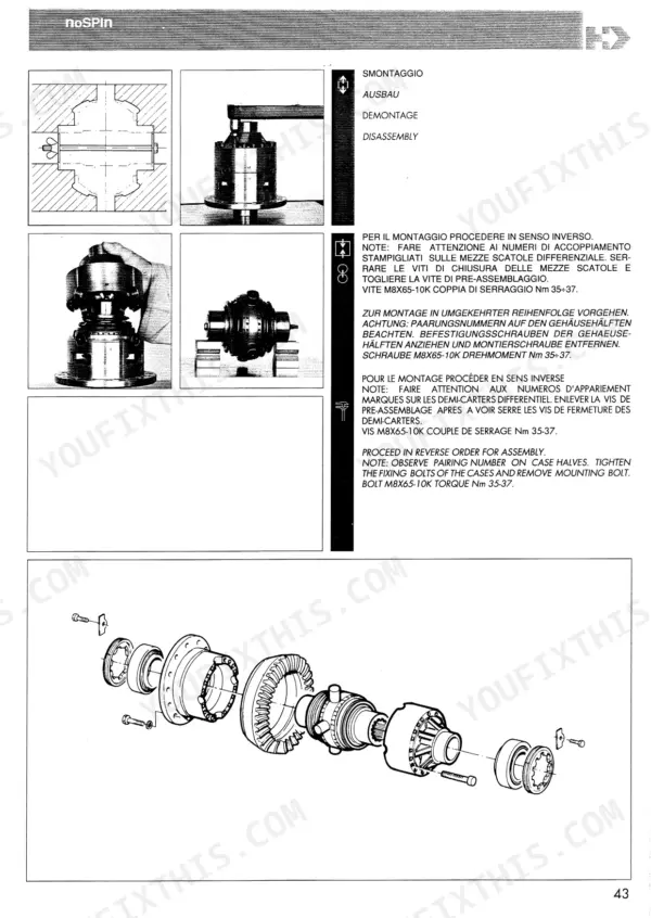 Manitou MLT 523–MLT 725 noSPIN differential disassembly procedure, exploded view, and M8x65-10K bolt torque specifications.