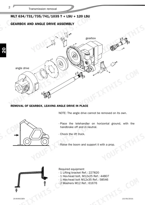 Manitou MLT 630 to MT 1033 gearbox and angle drive removal procedure.