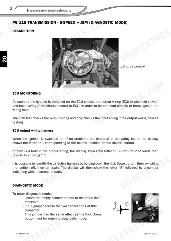 Manitou MLT 630 to MT 1033 transmission troubleshooting: 5-speed JSM diagnostic mode and ECU wiring procedures.