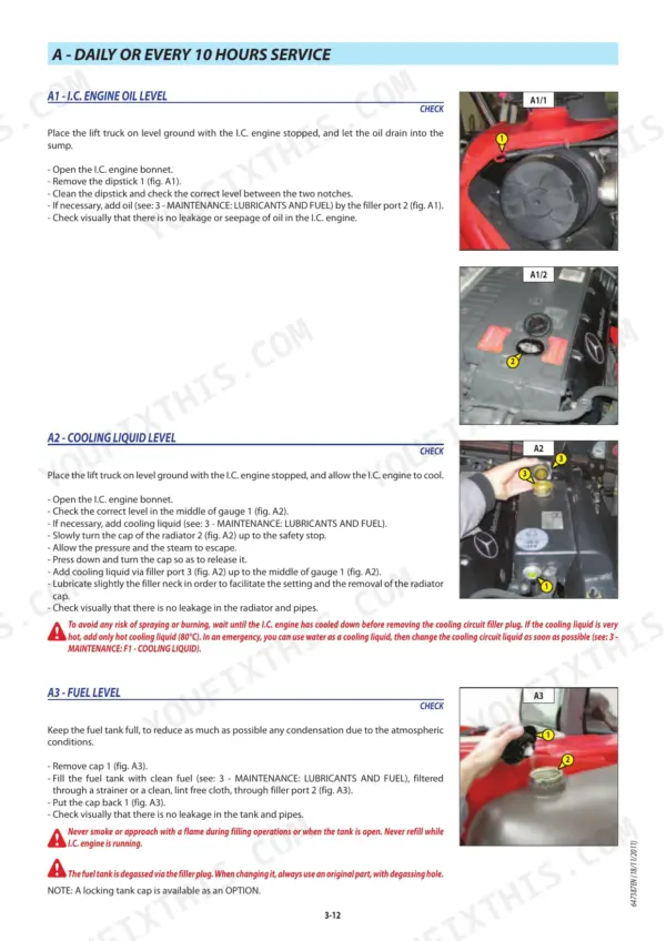 Manitou MLT 634-120 LSU, 735-120 LSU daily maintenance procedures for engine oil, cooling liquid, and fuel levels.