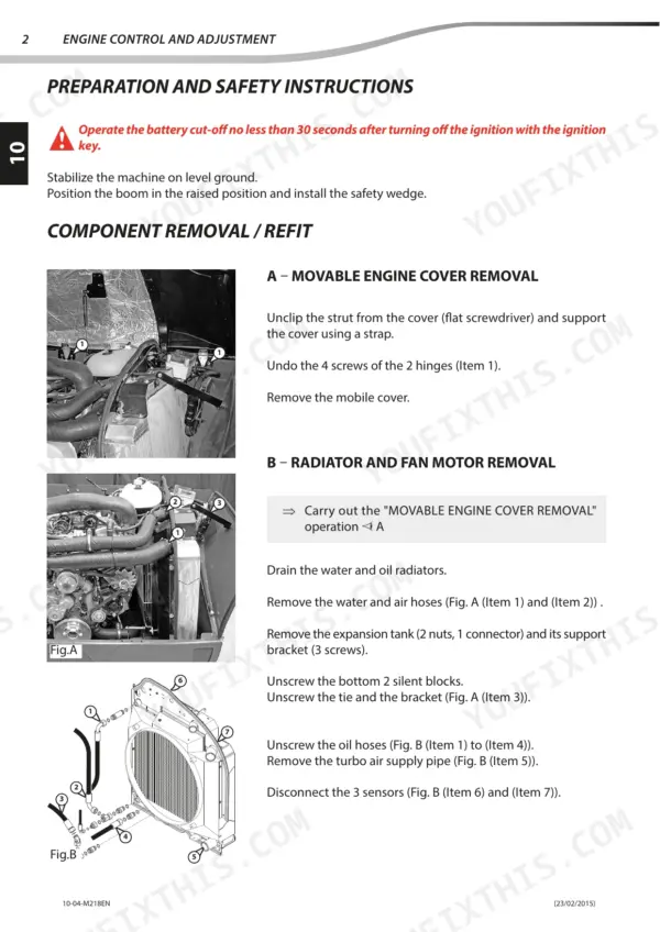 Manitou MLT 634 120 ST3B... MT 1030 EASY 75D ST3B: Procedure for removing the engine cover, radiator, and fan motor with diagrams.