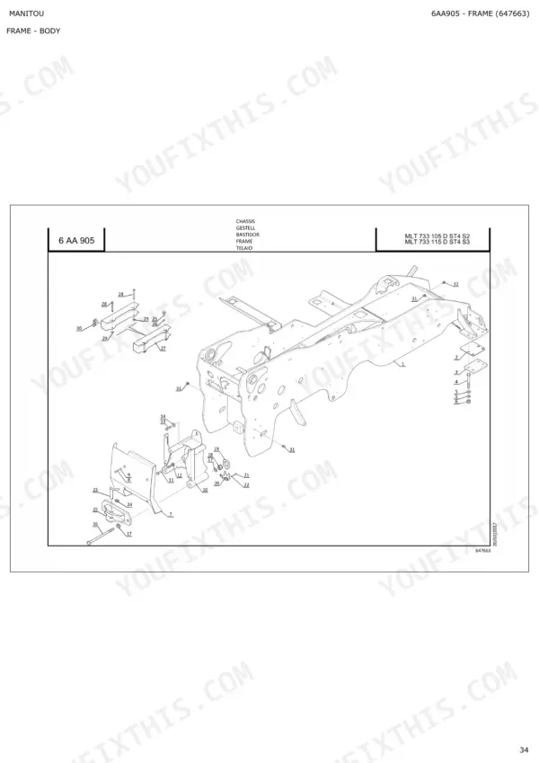 Manitou MLT 635 130 PS, 733 105/115, 737 130 PS exploded view of chassis frame components.