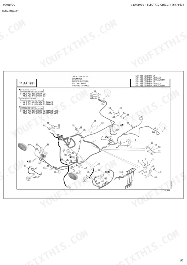 Manitou MLT 635 130 PS, 733 105/115, 737 130 PS exploded view of electric circuit harness parts, reference 11AA1991.