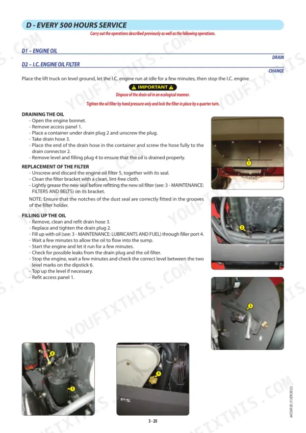 Manitou MLT 840-115 PS, MLT 840-137 PS 500-hour engine oil and filter change procedure with component location photos.
