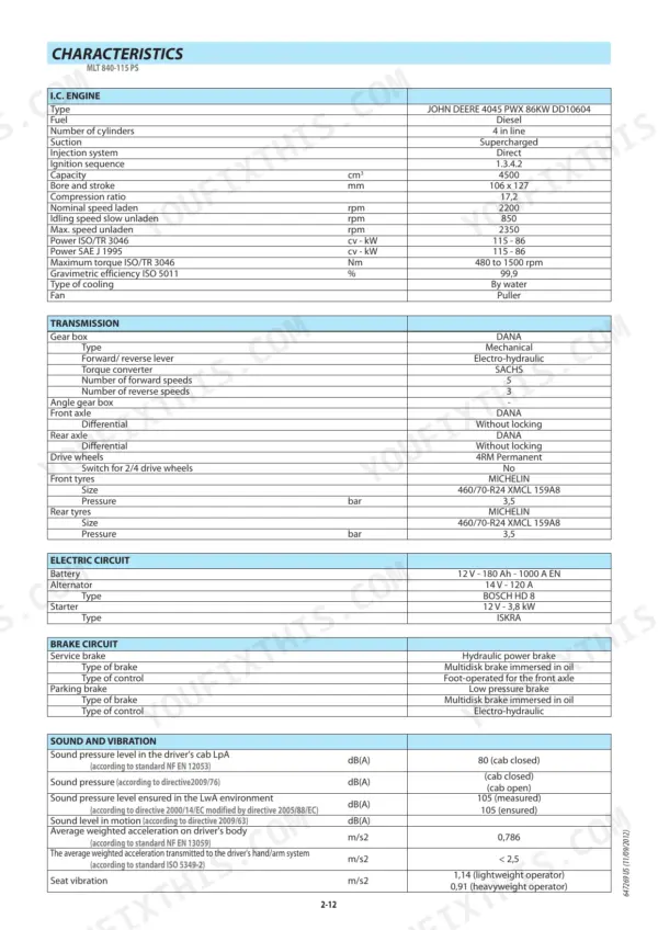 Manitou MLT 840-115 PS, MLT 840-137 PS technical specifications table for engine, transmission, electric, brake, and sound systems.