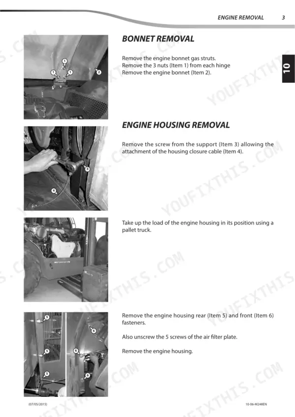 Manitou MLT 840, 1040 ST4 S1 engine bonnet removal steps