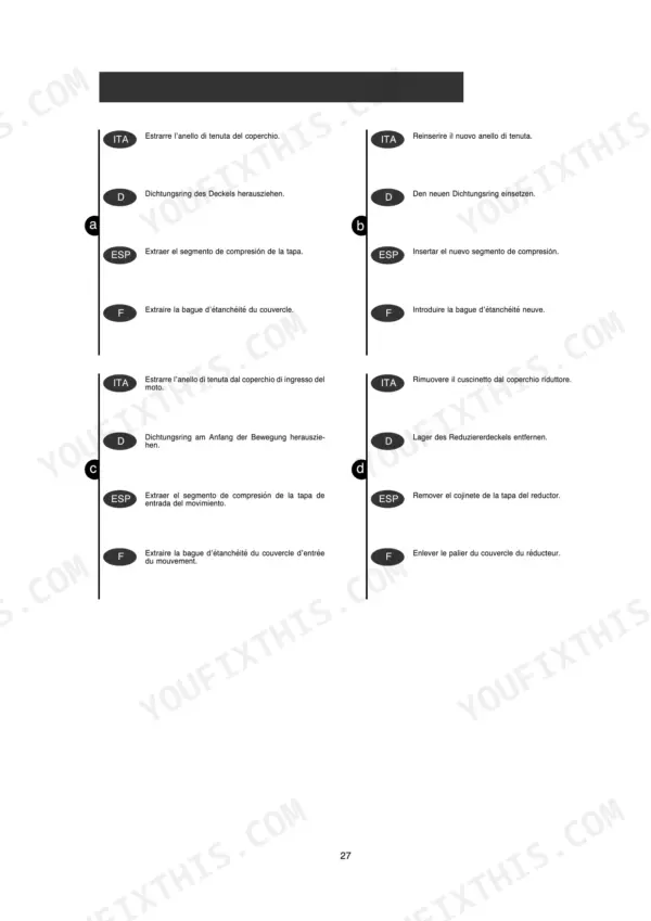 Manitou MLT 845, MT 1235–1745 manual procedures for seal and bearing removal and installation on covers.