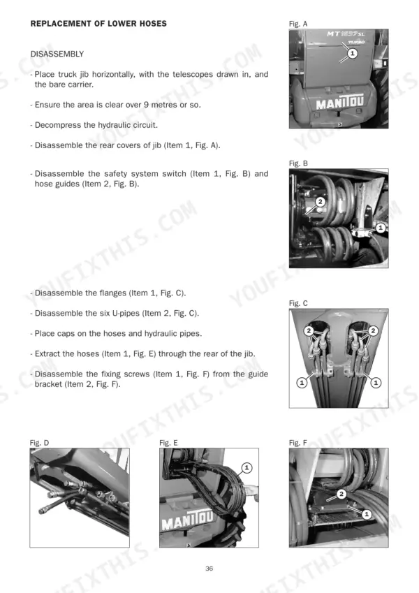 Manitou MLT 845, MT 1235–1745 Série 2-E2: Procedure for replacement of lower jib hydraulic hoses.