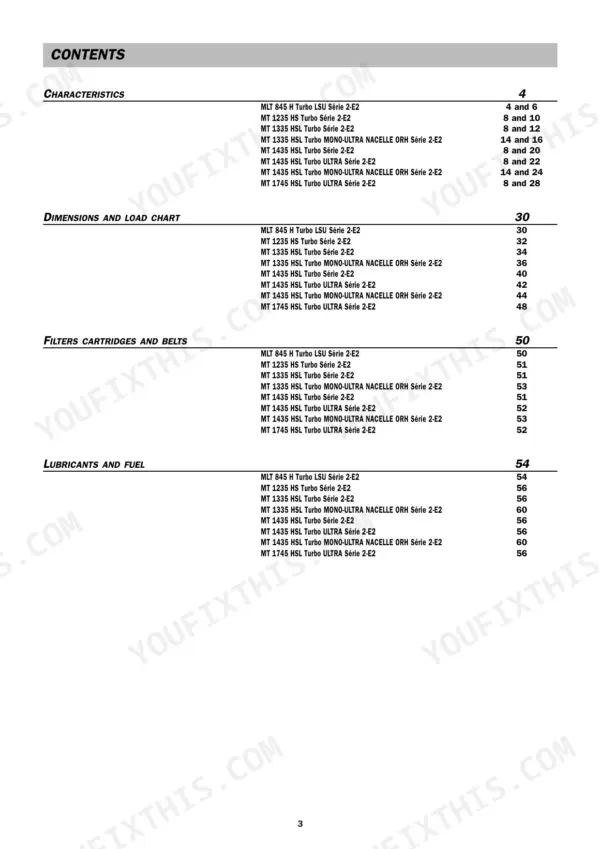 Manitou MLT 845, MT 1235–1745 Série 2-E2 table of contents page listing characteristics, dimensions, filters, and lubricants.