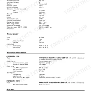 Manitou MLT 845, MT 1235–1745 specs table for Perkins engine, cooling circuit, hydrostatic transmission, and gear box.
