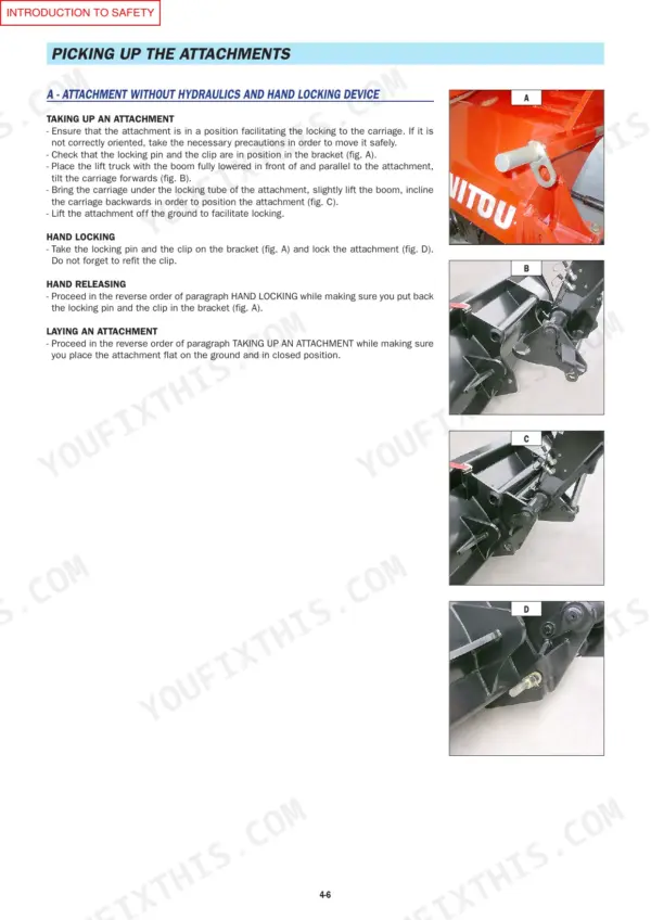 Manitou MLT523 Evolution, MT620, C-E3 manual: procedures for picking up, locking, and releasing non-hydraulic attachments.