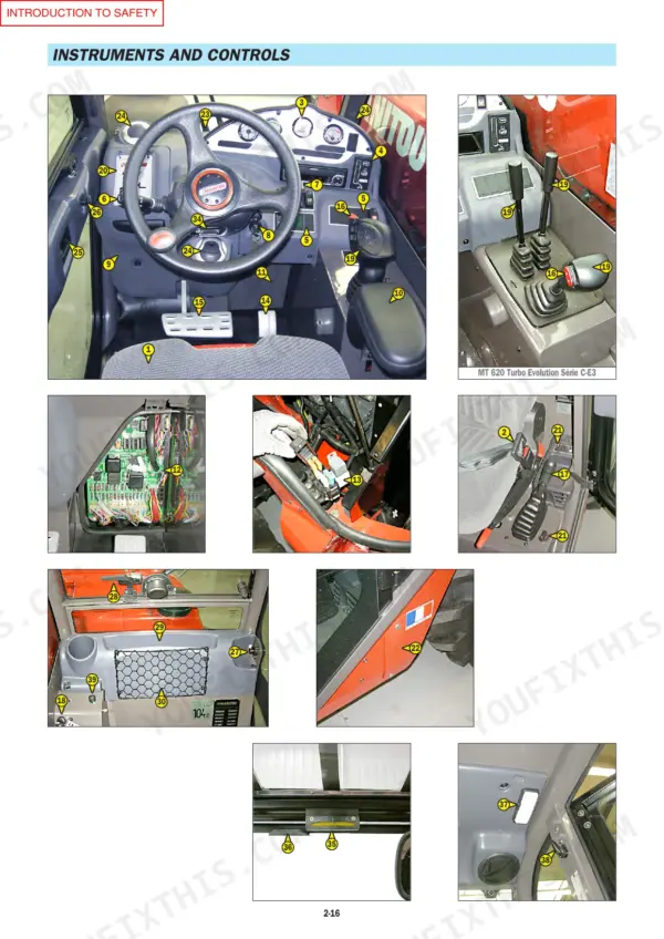 manitou-mlt523-evolution-mt620-rough-terrain-forklift-truck-operator-manual-647011as-controls-66.webp Manitou MLT523 Evolution, MT620, C-E3 operator manual page showing numbered instrument panel, cab controls, fuses, and seat layout.